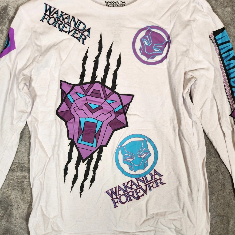 Black Panther T-Shirt Men's Medium White Wakanda‎ Forever Long Sleeve graphic - Picture 2 of 8